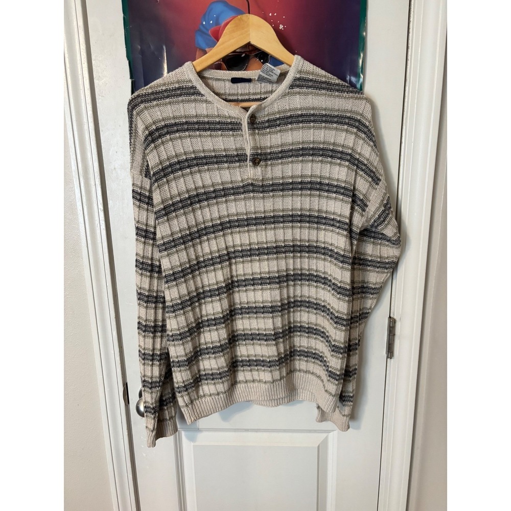 Route 66 Mens Vintage Striped Henley Sweater Grey Cream Ramie Cotton Medium